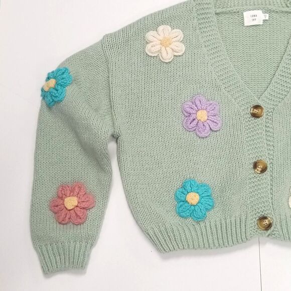 Luna Ivy x Anthropologie Cable Knit Cardigan Light Green w/Crotched Flowers Sz S - Picture 3 of 6